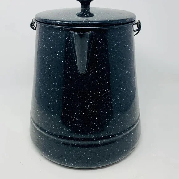 Vintage Graniteware Enamel Coffee Pot Campfire Camp Kettle 11" Large - Picture 2 of 12